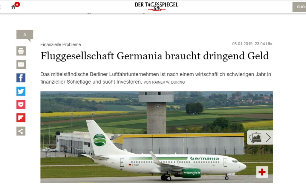 הידיעה בעיתון הגרמני: חברת התעופה זקוקה בדחיפות לכסף ומחפשת משקיעים